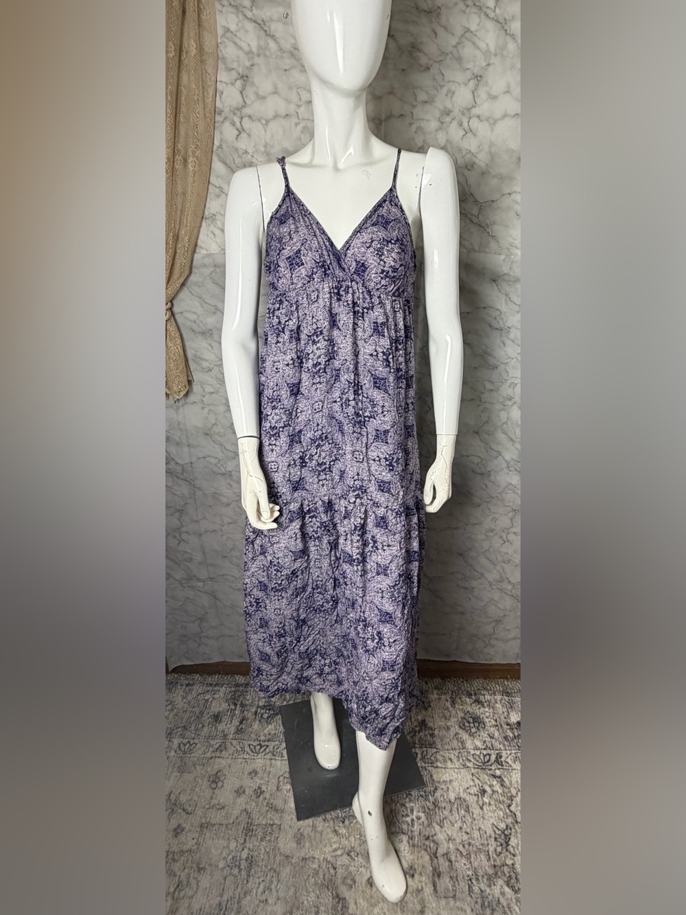 Navy Dark Indigo with Lavendar 100% Rayon Empire Waist Boho Midi Maxi M Hippie